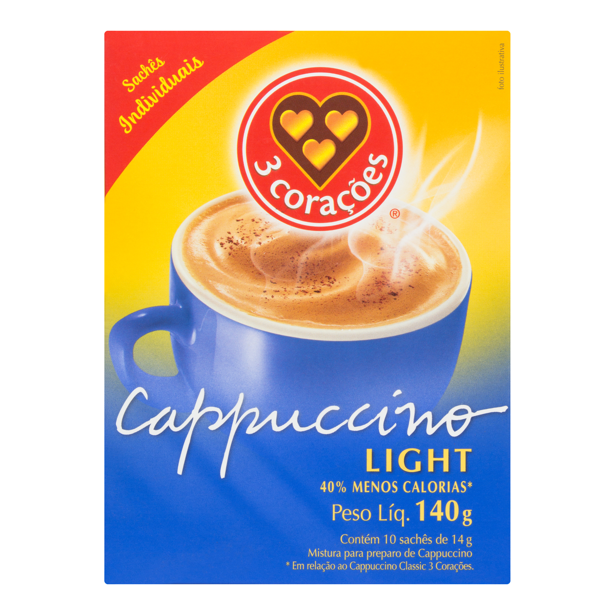Cappuccino 3 Corações Classic Light 10 Sachê 140g